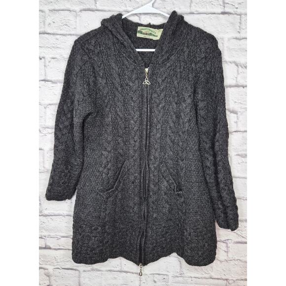 Aran Crafts Sweaters - Aran Crafts Womens Small 100% Merino Wool Full Zip Sweater Gray Hooded Ireland.